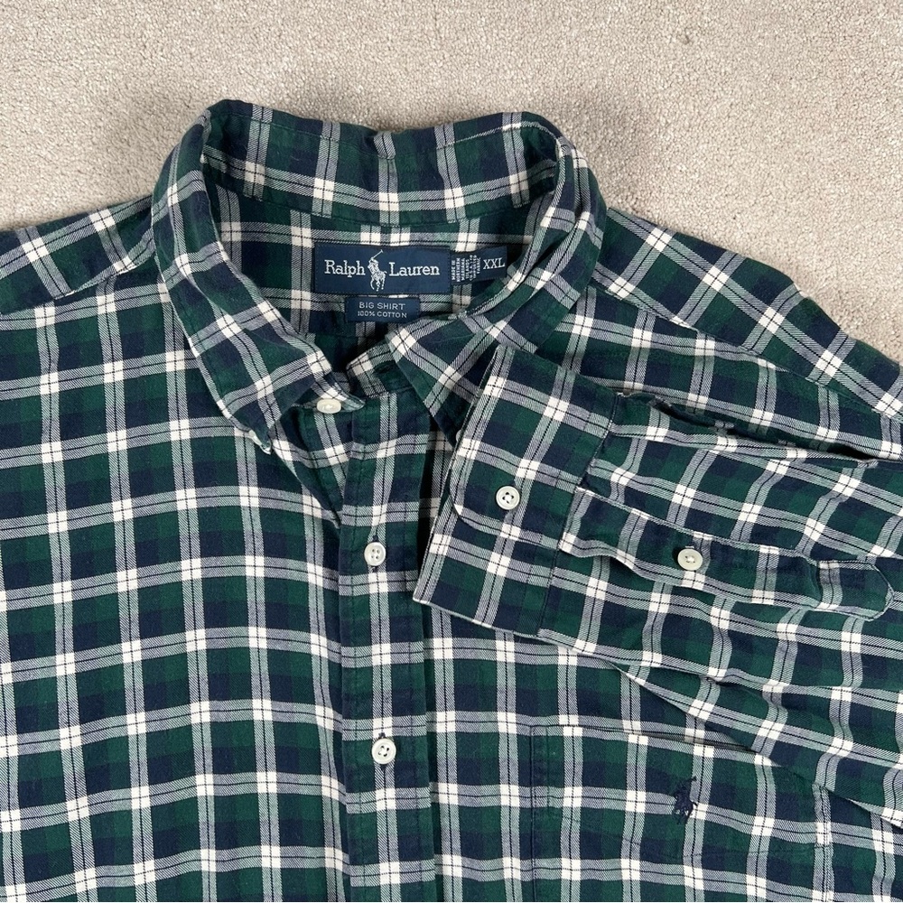 Ralph Lauren Big Shirt 100% Cotton Plaid Button Down Green Blue Pony Men's XXL